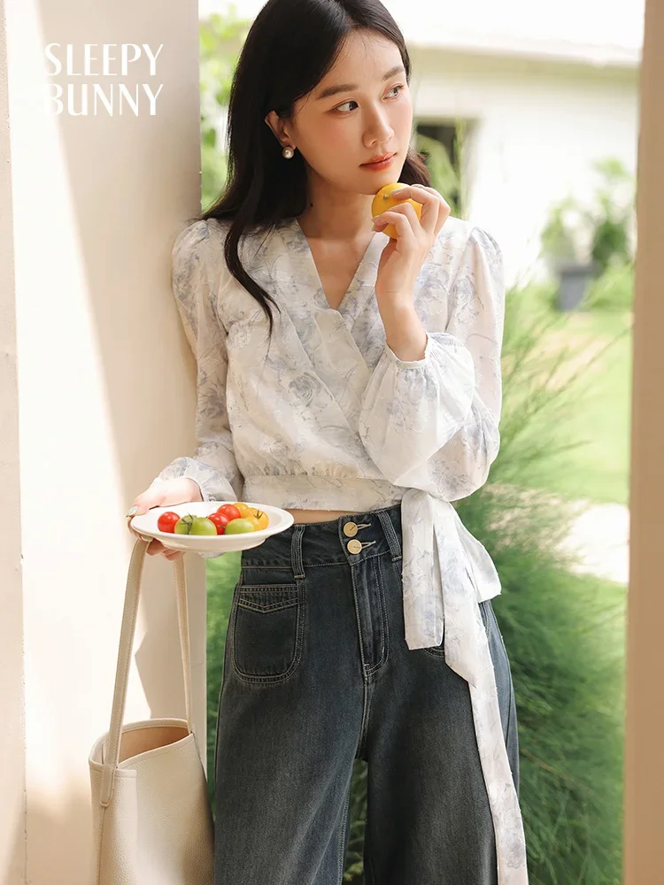 Romantic Watercolor Floral Chiffon Wrap Blouse for Women Puff Sleeve V Neck Tie Waist Lightweight Summer Top for Daily Wear