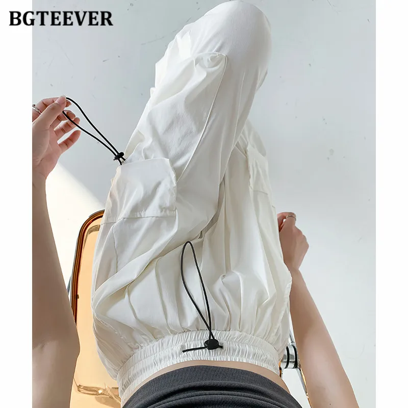 BGTEEVER Stylish Elastic High Waist Ladies Drawstring Wide Leg Trousers Summer Fashion Pockets Straight Cargo Pants Women