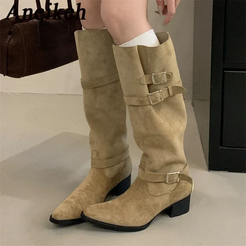 

Aneikeh/панк-сапоги до колена с пряжкой на ремне, дизайнерские женские вечерние платья с острым носком, длинные ботильоны на массивном низком каблуке, Zapatos De Muje