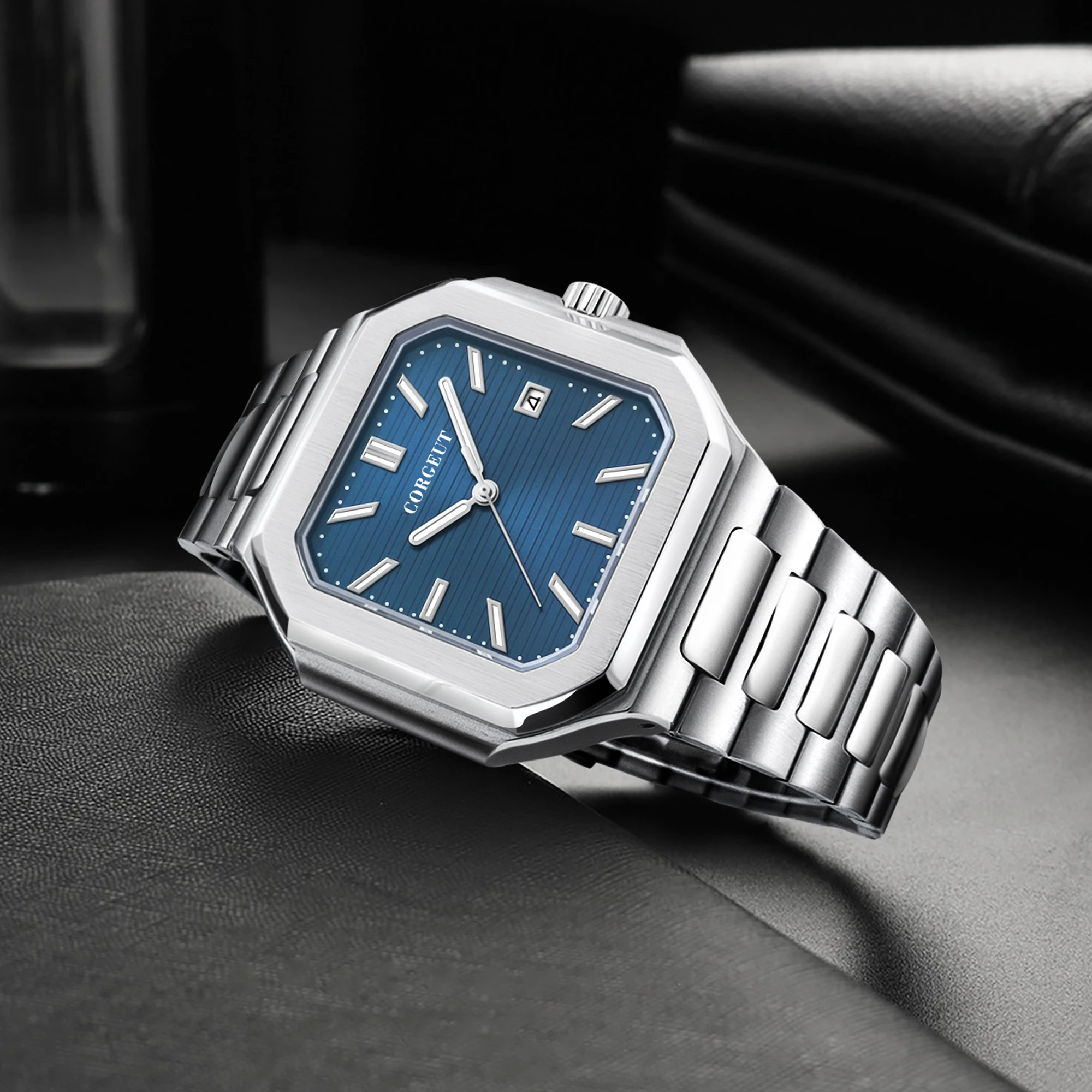 Corgeut 44MM Square Cube Men's Watch NH35 MIYOTA Mechanical LuxuryWatch Rose Gold Stainless Steel Sapphire Crystal Waterproof