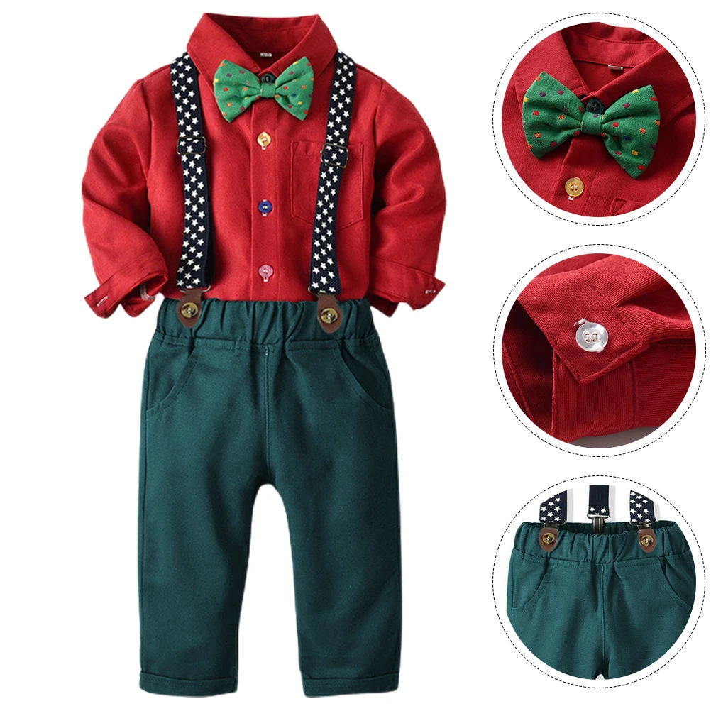 

1 Set Long Sleeve Bow Tie Shirt Suspender Trouser Christmas Festival Clothing Set For Children Bow Tie Shirt Kids Christmas Suit