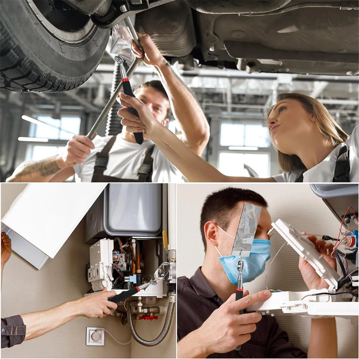 ABEZ 3 Pack Telescopic Inspection Mirror Mechanic Checking Mirror, Inspection Tool for Checking Vehicle, Car, Eyelashes