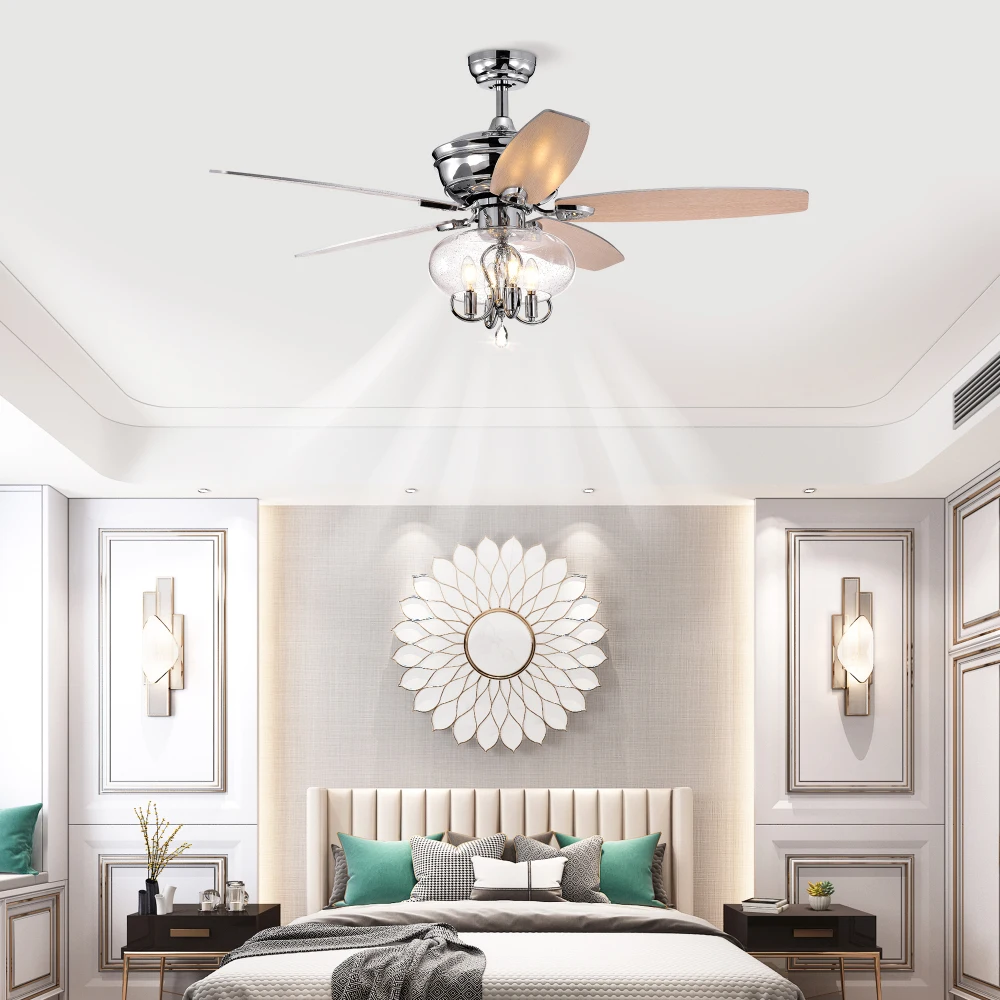 Ventilatore da soffitto cromato da 52 pollici con telecomando e luce Motore reversibile a 3 velocità per soggiorno, sala da pranzo, camera da letto, cucina, stanza degli ospiti