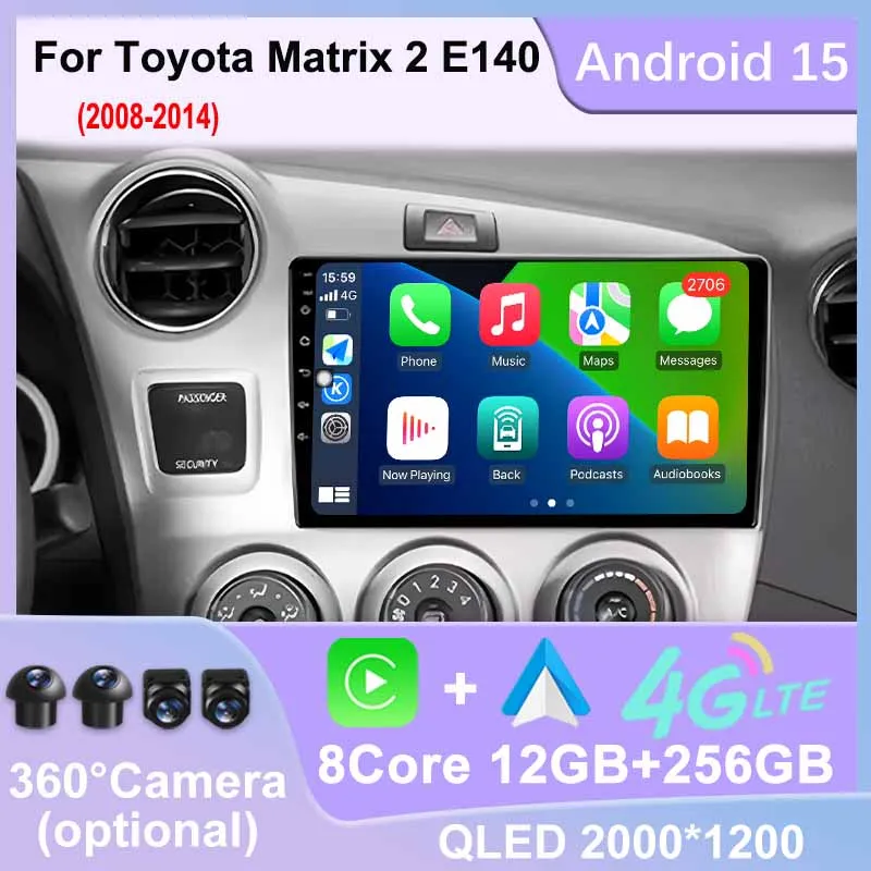 

For Toyota Matrix 2 E140 2008 - 2014 Car Radio Multimedia Video Player GPS Navigation Stereo 4G WIFI Android 15 Carplay Auto