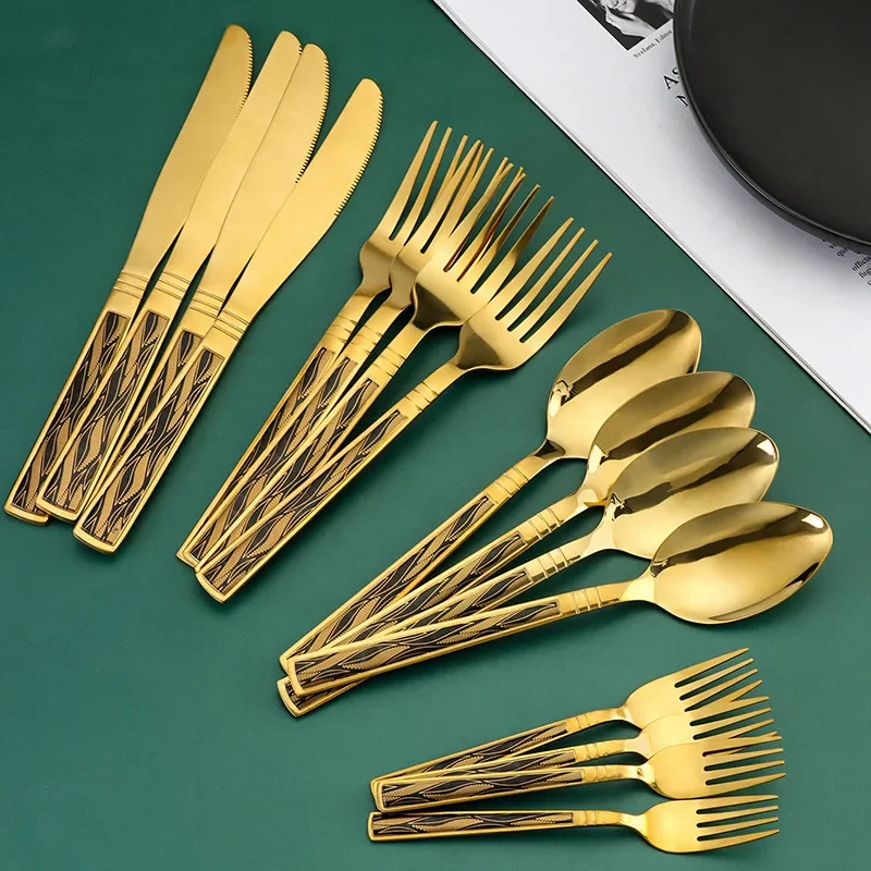 4/5/20Pcs Golden Cutlery Set Stainless Steel Steak Knife Fork Spoon Flatware Set Festival Dishwasher Safe Kitchen Tableware