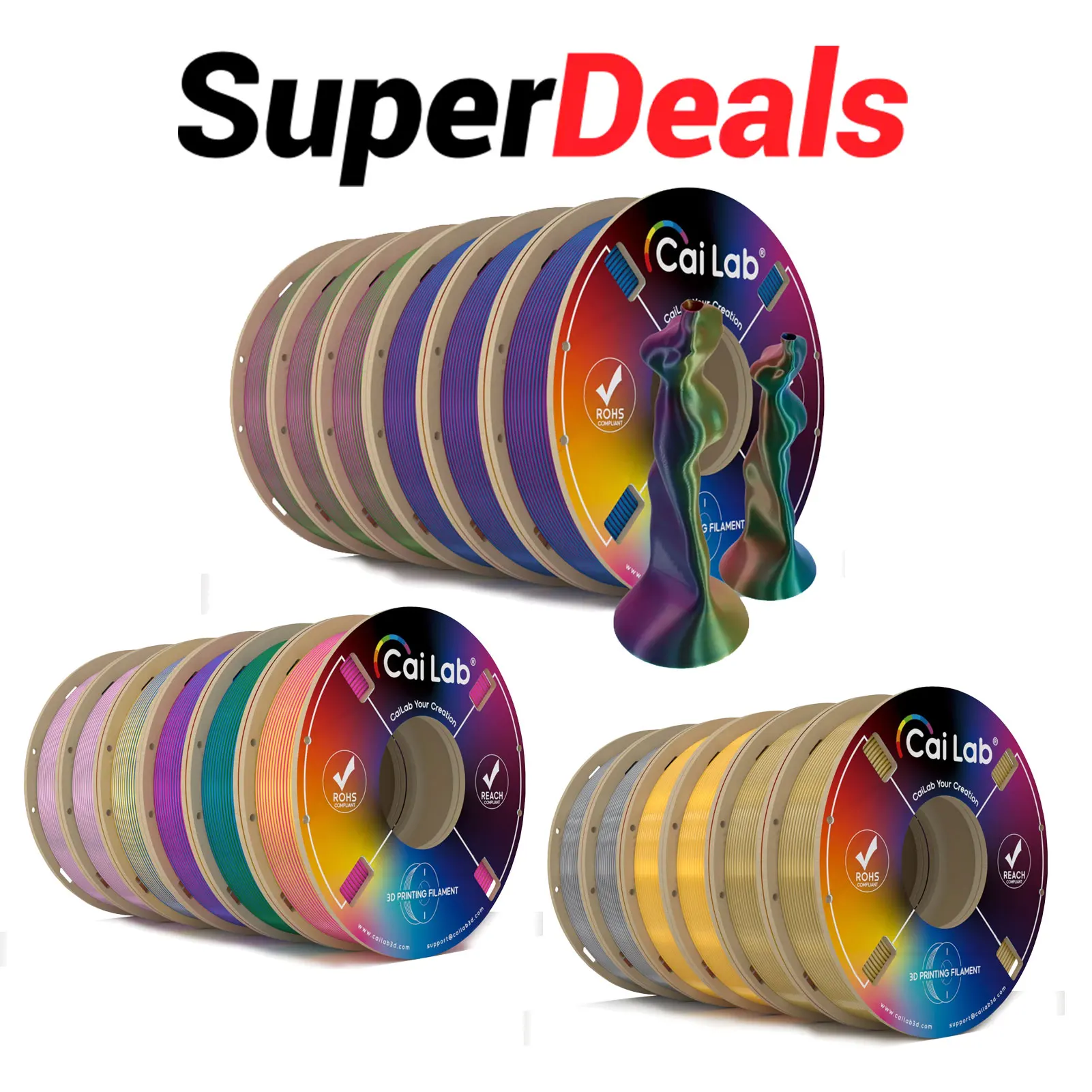 CaiLab PLA + خيوط طابعة حريرية ثلاثية الأبعاد تعمل مع معظم طابعات FDM ثلاثية الأبعاد بقطر 1.75 مم و6 لفات 200 جرام لكل بكرة ثلاثية الألوان مختلطة #1