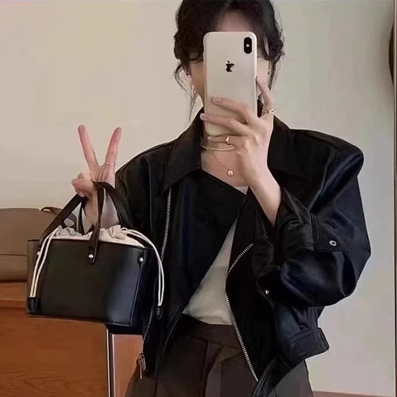 Femmes veste en cuir Vintage américain rue revers court noir PU Biker manteaux femme 2025 automne mode culture hauts manteaux