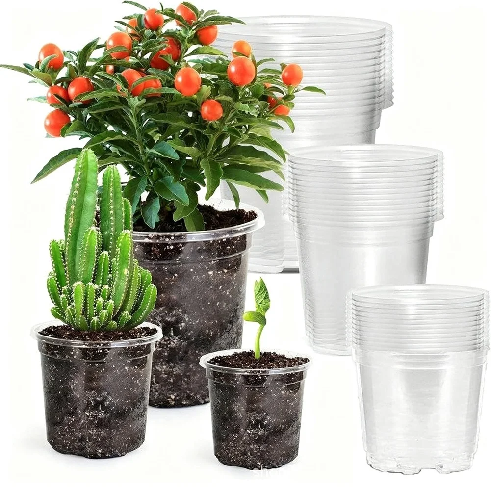 25 Pcs Clear Plastic Nursery Pots with Drainage Holes and Matching Saucers for Healthy Plant Growth Indoor and Outdoor Use