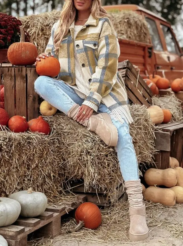 Women's Jacket 2025 Spring Autumn Fashion Plaid Print Turn-Down Collar Button Front Fringe Hem Coat Casual Flap Detail Coat