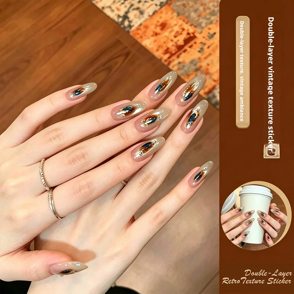 KANIU Blue Brown Smudge 5D Nail Art Sticker Vintage Metallic Effect Nail Decals Irregular Gold Foil Fragment Nail Art Decoration