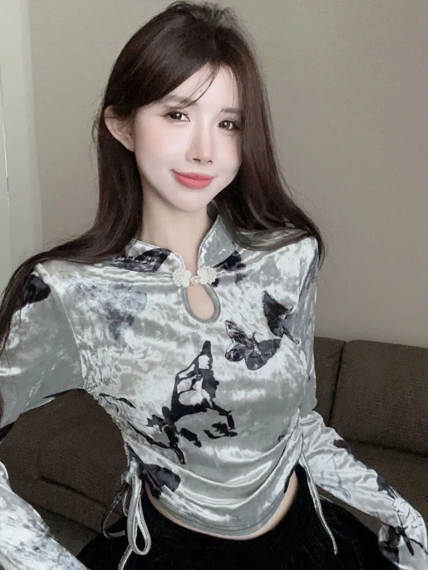 

Новая китайская бархатная основа irt, женская осенне-зимняя верхняя одежда Ципао с цветочным принтом на пуговицах и высоким воротником, пикантная внутренняя одежда для девочек