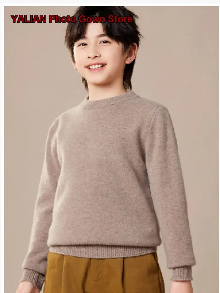 Boys Round Neck Red Knit Sweater Older Kids Girls Warm Thickened