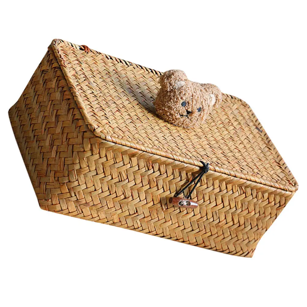 

Woven Storage Organizer Lid Feature Straw Material Car Interior Accessories Desktop Woven Storage Basket Versatile Size