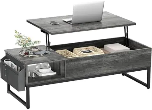 Lift Top Coffee Table with Storage, Wood Lifting Top Central Table Metal Frame, 43.3