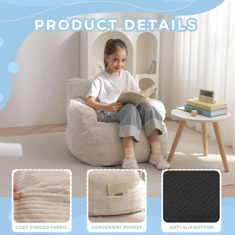 Corduroy Bean Bag Sofa with Foam Particles, Vacuum Compressible Leisure Chair for Kids