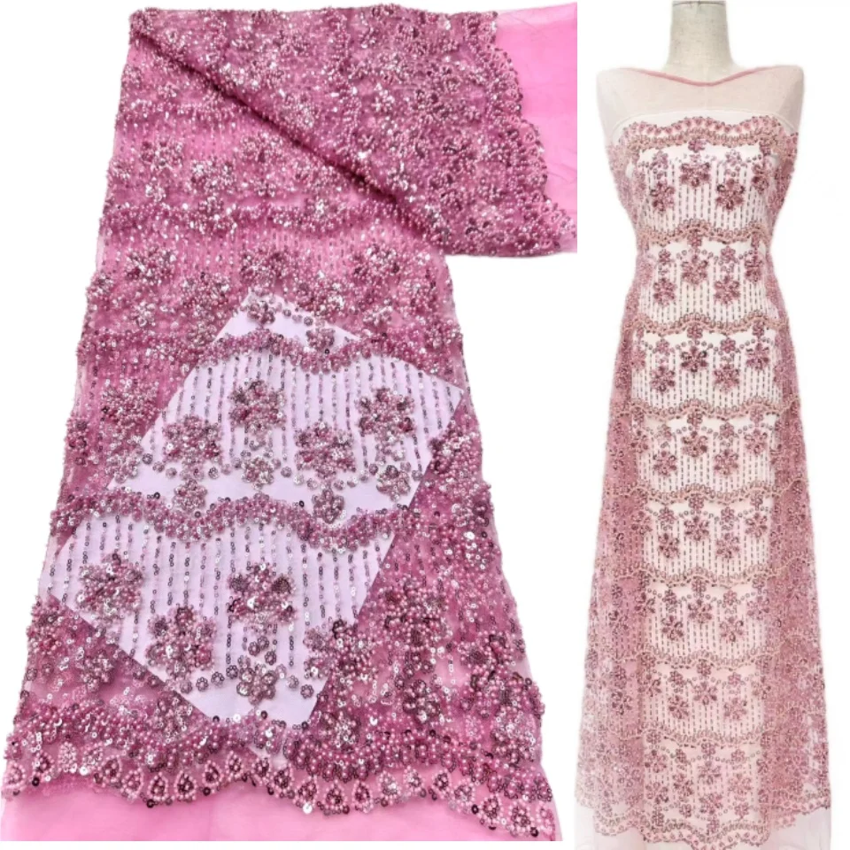 

Pink African Groom Lace Fabric 2025 High Quality Sequins Embroidered Nigerian French Lace Fabric for Wedding Party Dress CC1526