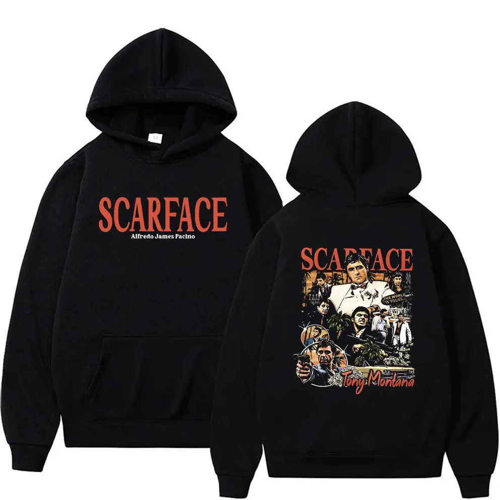 

Vintage 90s Movie Scarface Tony Montana Double Sided Print Hoodie Al Pacino Pullover Men's Hip Hop Fashion Oversized Sweatshirt