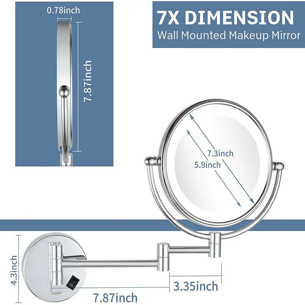 GURUN 8 ''LED Iluminado Wall Mount Dupla Face Vanity Maquiagem Espelho Cromo Polido 5/7/10X Ampliação Banheiro Hotel Fio Direto