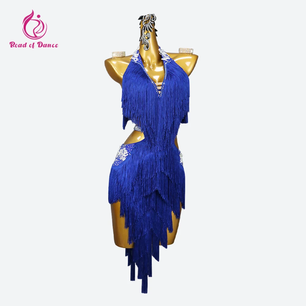 Blue Latin Dance Suit Fringe Dress Dancewear Womens Skirt Girls Competition Clothes Sexy Prom Cabaret Midi Sport Wear Customized