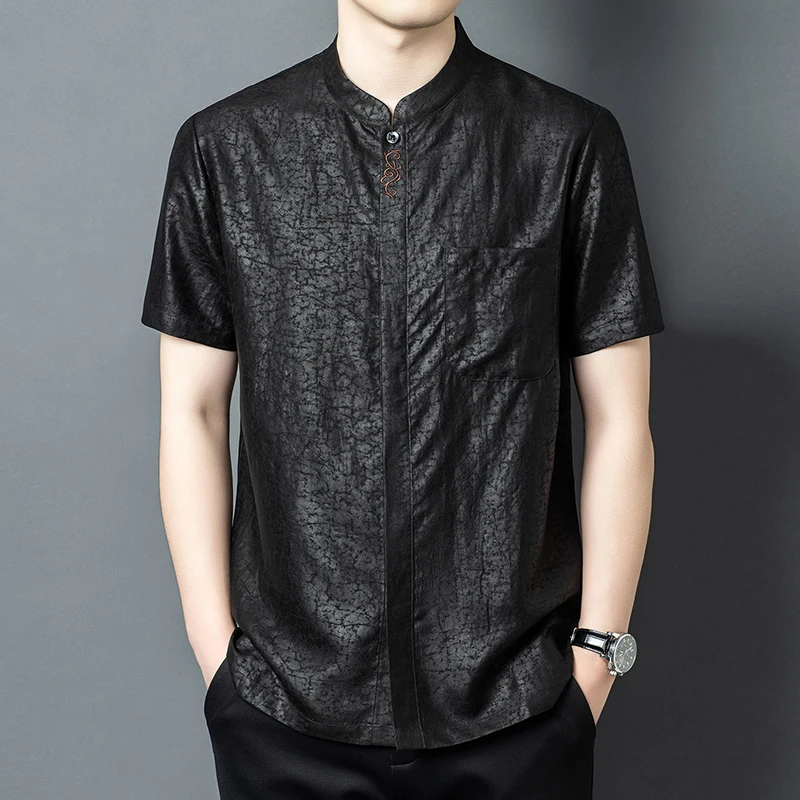 Lightweight Covered Button Shirts For Men Short Sleeve Silk 100%Summer Quality Gambiered Canton Gauze Tang Costume Chemise Homme