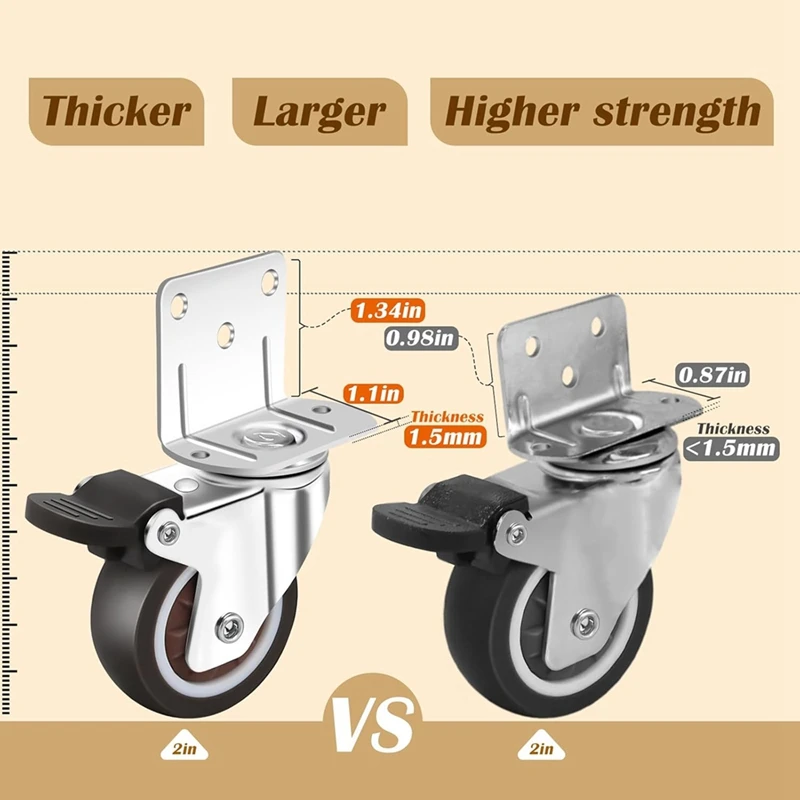 ABDJ-사이드 마운트 캐스터, 브레이크가 있는 4개의 캐스터 세트, 가구용 L자형 플레이트 소형 바퀴, 캐비닛 캐스터