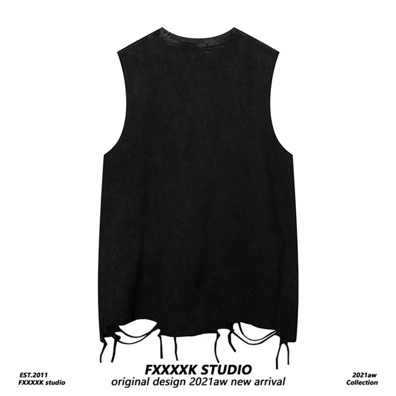 American High Street Vibe Abi Style Vintage Ripped Sleeveless T-shirt For Men Summer Couple Ins Vest For Women