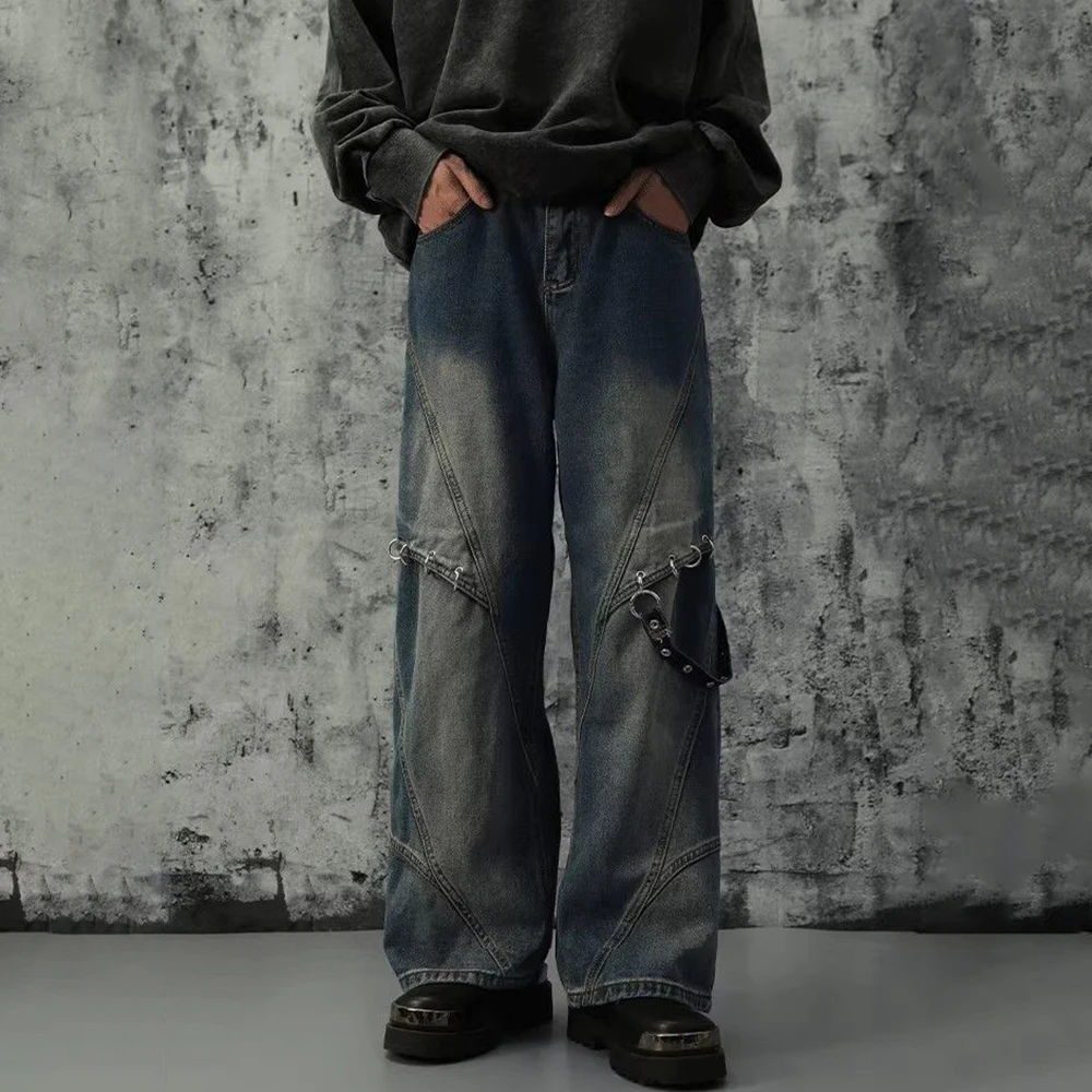 

2025 Summer New Men's Fashion Trend Handsome Y2k Baggy Jeans Men's American Street Retro Straight Wide-Leg Pants Design Trousers