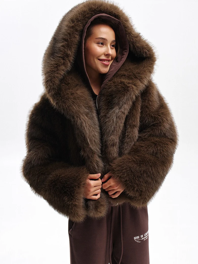 

ZADORIN New Luxury Brands Plush Hooded Brown Faux Fur Coat Woman Thicken Fluffy Jacket Fur Coats Faux Winter Clothes Woman Tops