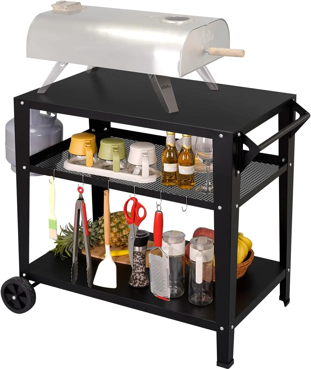 

Outdoor Grill Cart With 3-Shelf，Pizza Oven Table For Ooni, Stainless Steel Outdoor Prep Table With Wheels Handle & Hooks，Indoor