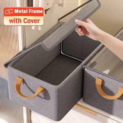 Collapsible Clothing Organizer Folding Clothes Storage Basket with Cover Metal Frame Underwear Storage Box Wardrobe Organizer