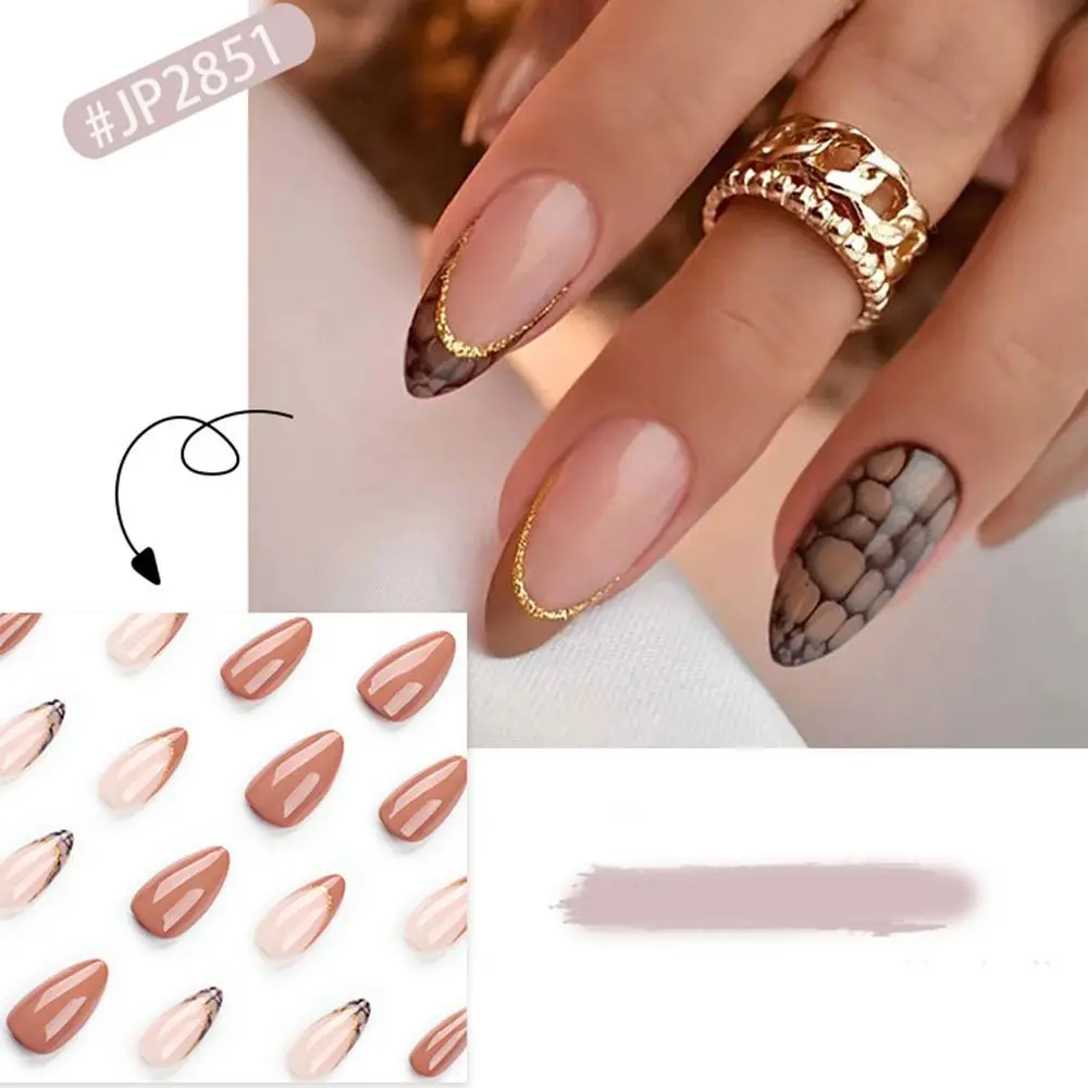 

Manicure Long Almond False Nails White Edge French Fake Nials Detachable Bow Nail Tips Women