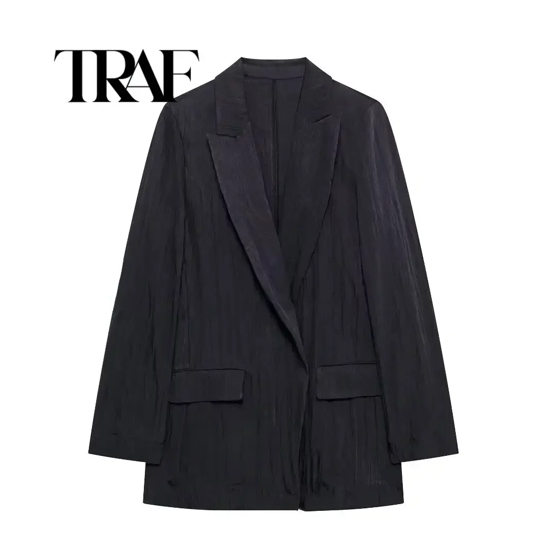 TRAF Vintage Casual Solid Women Suit Long Sleeve Pockets Blazer Loose Straight Wide Leg Pants Autumn Female Suit 8020/759