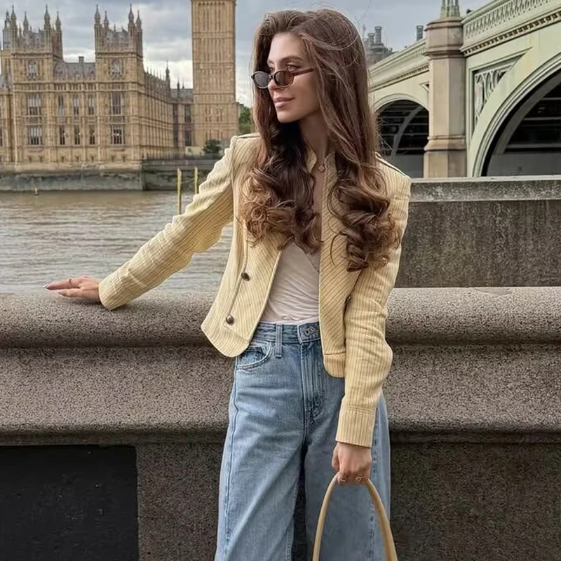 New 2026 Autumn Women's Jackets Fashion Stripes Slim Elegant Unique Napoleonic Warm Jacket Women's Chic Autumn Street Coats Yout