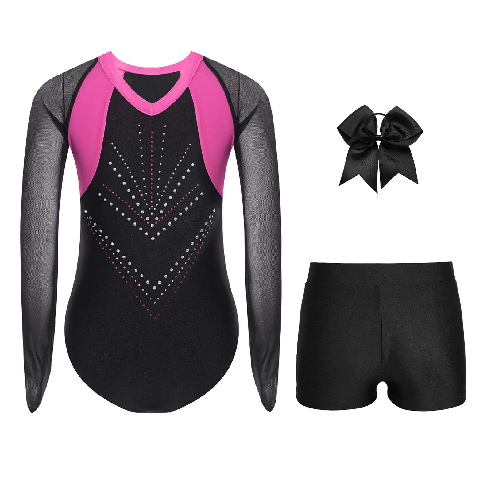 Kids Girls Gymnastics Bodysuit Outfit Sheer Mesh Long Sleeve Color Block Patchwork Shiny Rhinestones Leotard+Shorts+Headwear Set