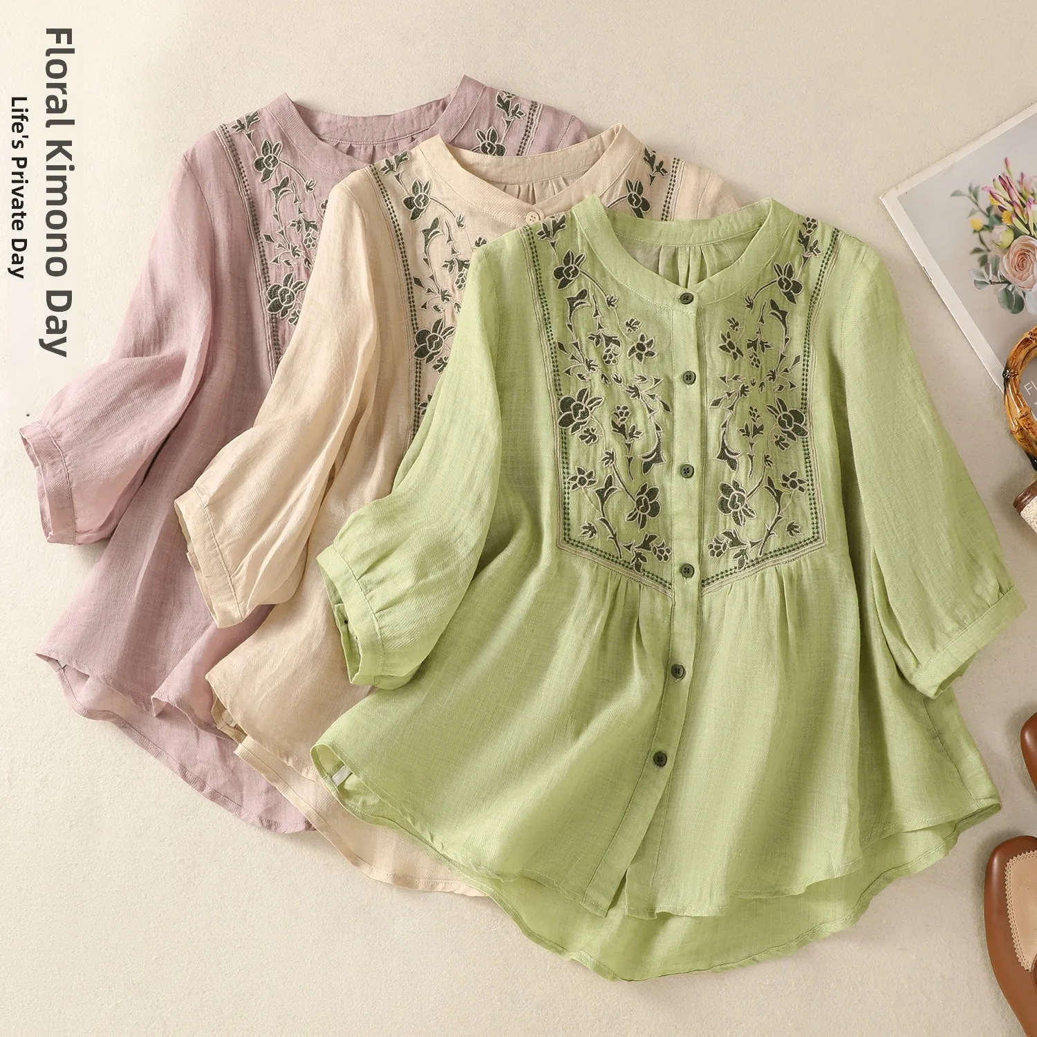 

Женский льняной топ с вышивкой в стиле ретро, тонкий воротник-стойка на одной пуговице, китайский топ Five Sve, обычная длина