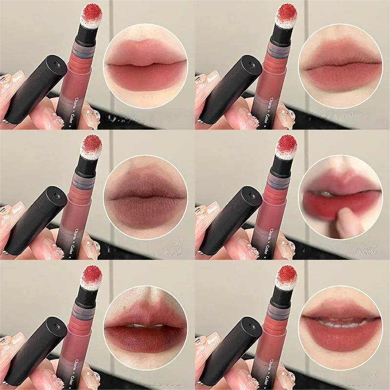 Lucidalabbra opaco in velluto, illumina a lunga durata, tazza antiaderente, fango per labbra dai toni rossastro per l'autunno e l'inverno, design con pennello in peluche