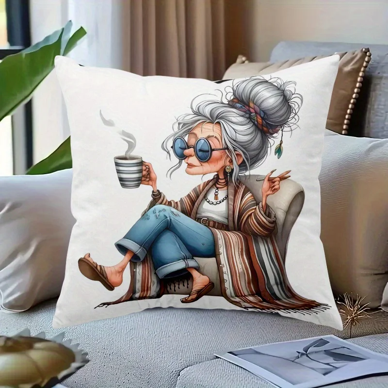 1pc Boho Style Coffee Grandma Print Throw Pillow Cover,Suitable for Sofa,Bedroom,Living Room,A Relaxed Gift for Best Friends