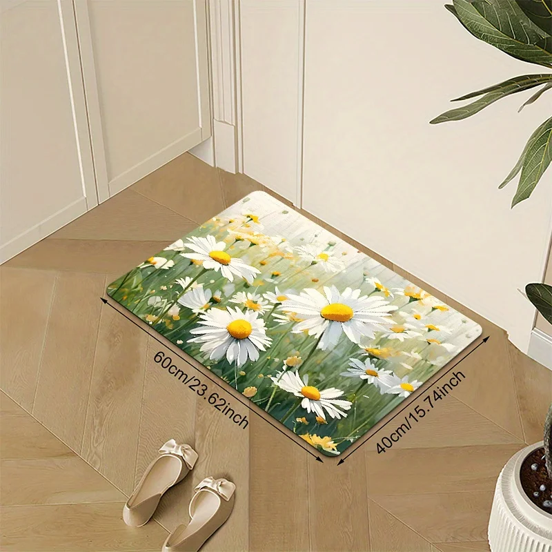 1pc entrance floor mat, white chrysanthemum element pattern printed floor mat, indoor and outdoor entrance kitchen floor mat