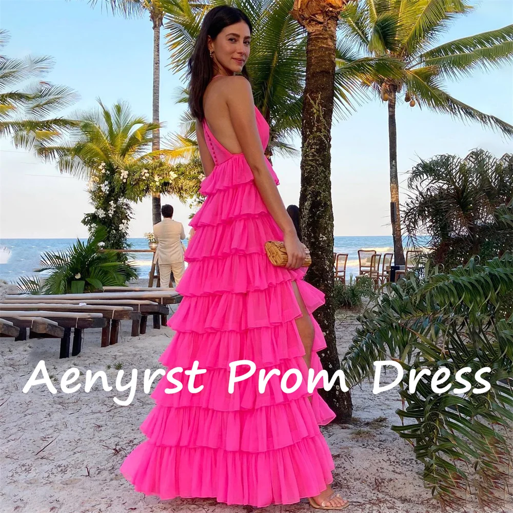 Aenryst V Neck A Line Tulle Prom Dresses Tiered Side Split Evening Dress Floor Length Formal Occasion Gowns Rose Red customized