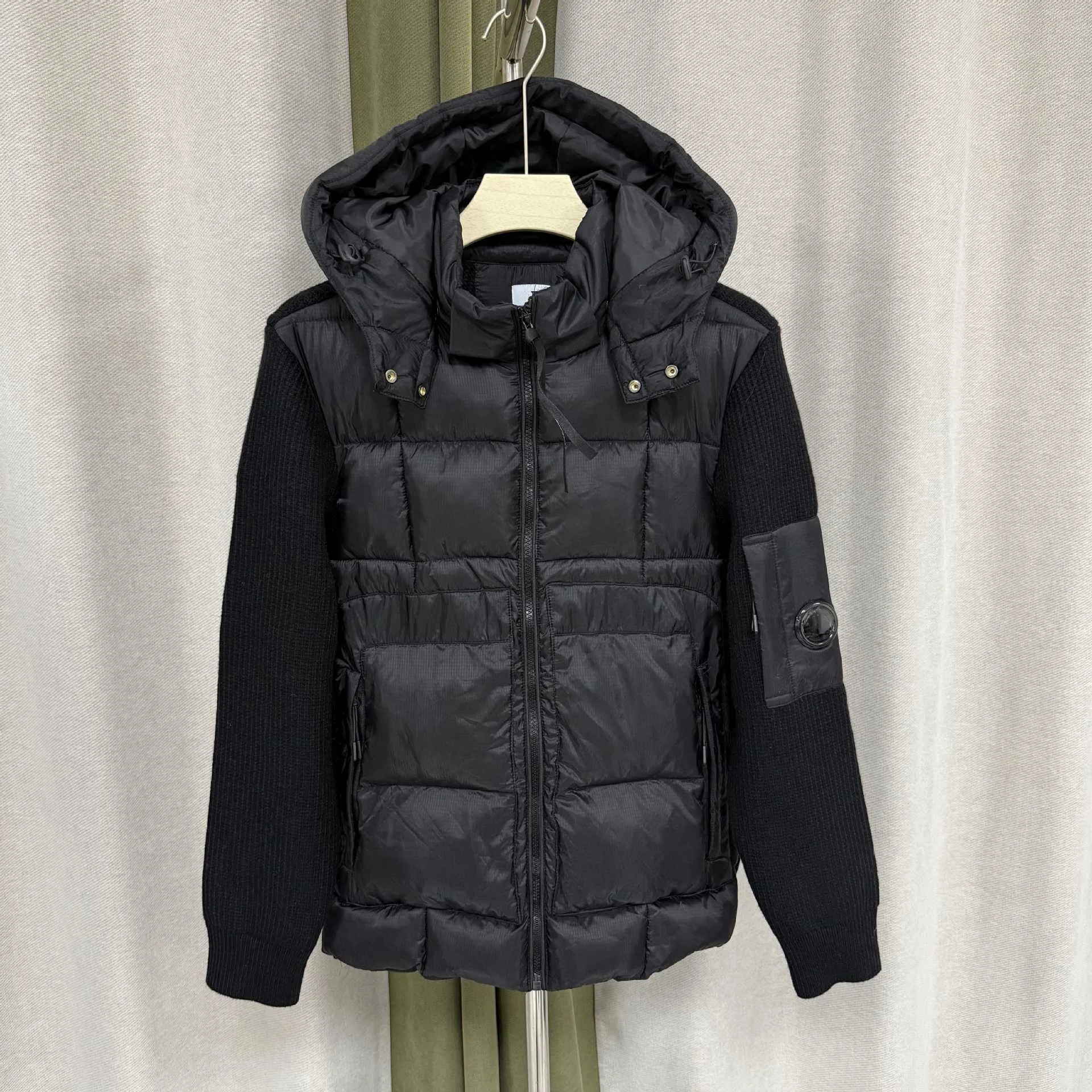 Black Transparent Lens Sleeve Bag Splicing Knitted Hat Jacket Cotton Filled Outerwear Functional Youth Polyester Fiber Warmth