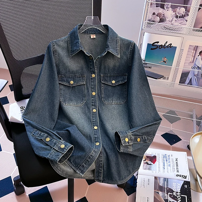 

Vintage Blue Long Sleeve Women Shirt Spring Autumn Lapel Single-breasted Casual Blouse All-matched Female Outerwear