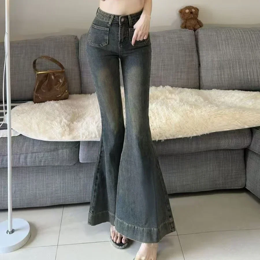 Vintage Tight Trousers Autumn Spring Slim Flare Jeans Women Denim Pants Fashion Female Elastic Skinny Jeans Casual Flare Pants