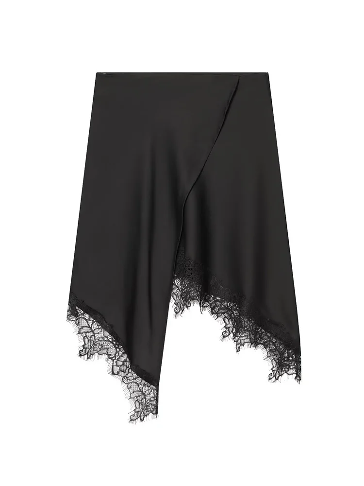 

HH Women Fashion Lace Splice Asymmetry Black Skirt Women Spring Temperament Satin Texture Side Zipper Mid-Waist Mini Skirt