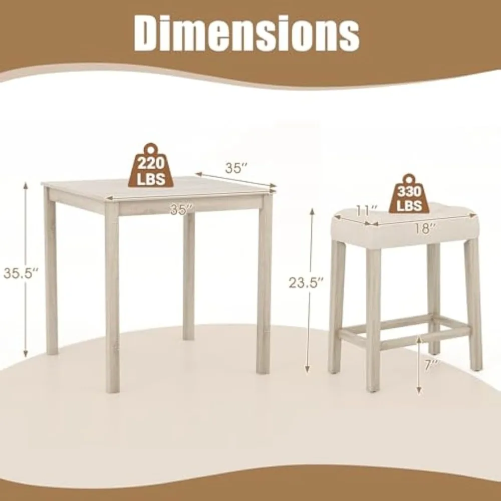 5-Piece Bar Table Set, Square Breakfast Set for 4 w/Padded Stools, Small Kitchen Table Set w/Rubber Wood Legs, Space-Saving Din