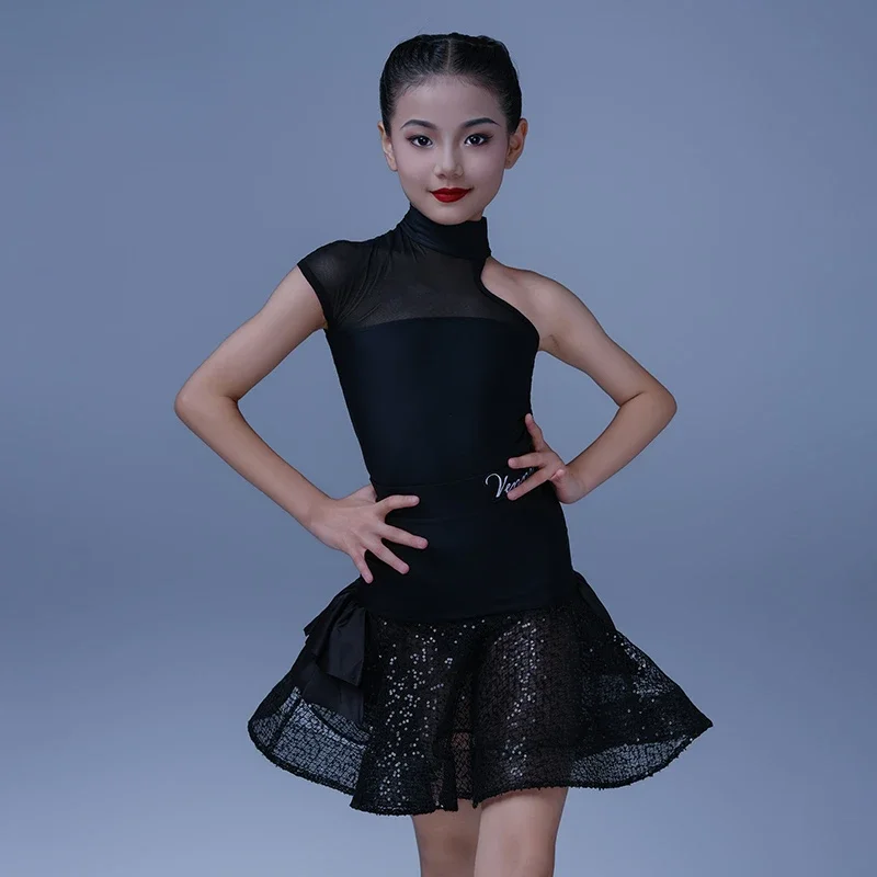 

Latin Dance Dress Girls Sleeveless Tulle Skirt Sparkle Hem Minimalist Training Practice Performance Outfit