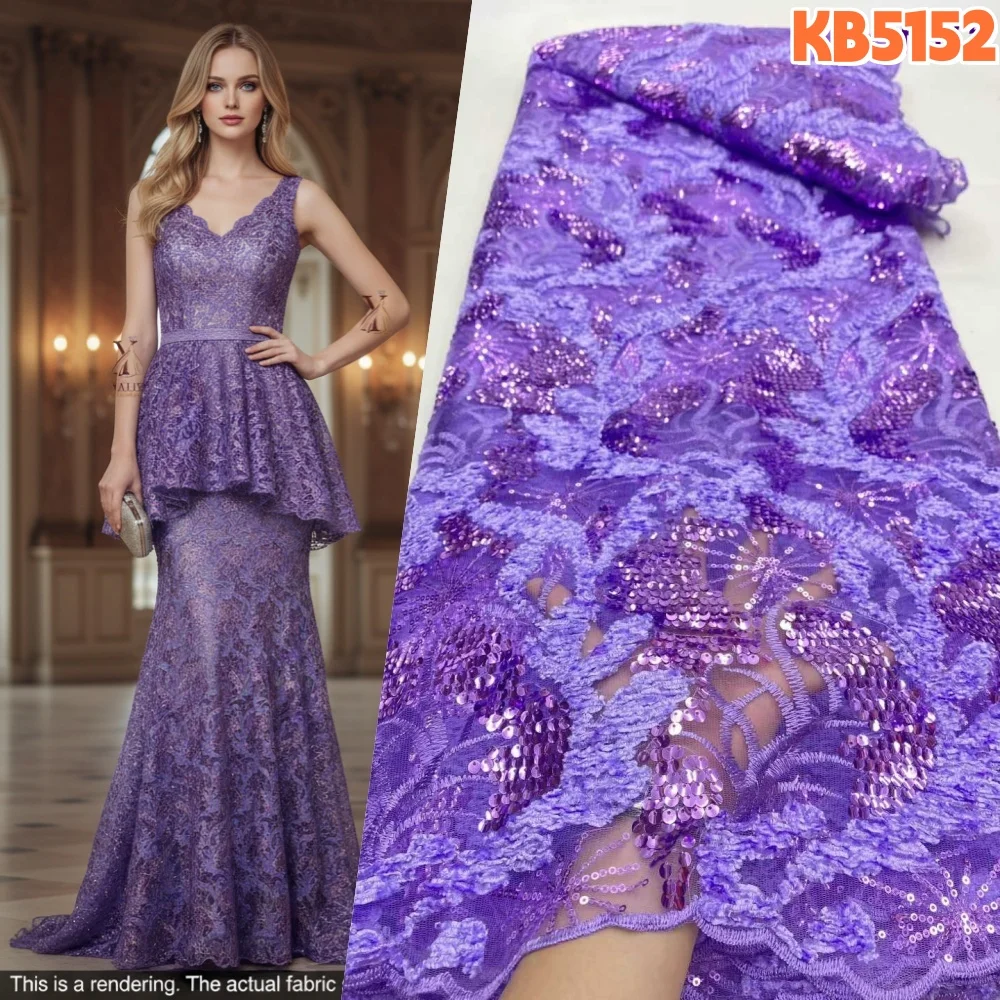 

Фиолетовая французская сетчатая ткань с белым кружевом и пайетками, 5 ярдов, высококачественная африканская тюлевая ткань с пайетками для шитья KB5152