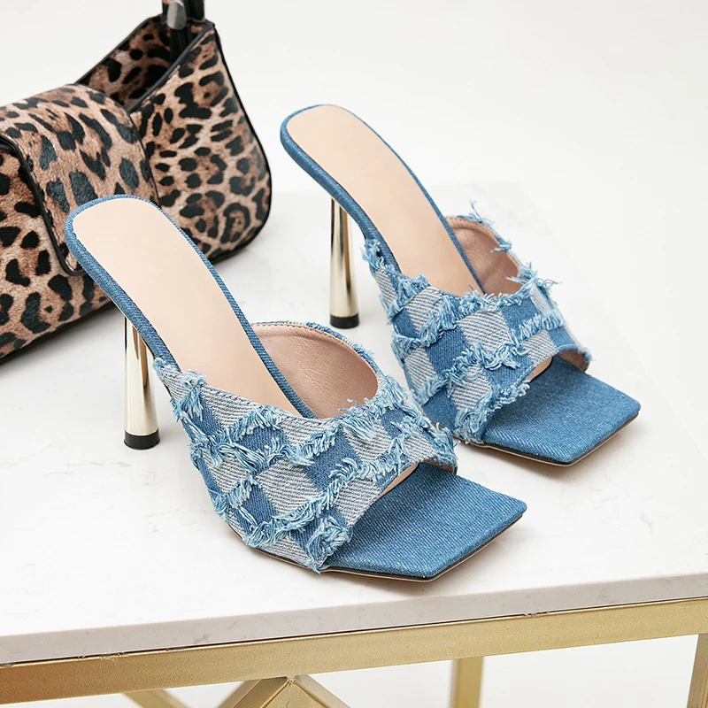 Women's new plaid denim single strap sandals square toe shiny surface thin heel slippers retro denim style high heels slippers