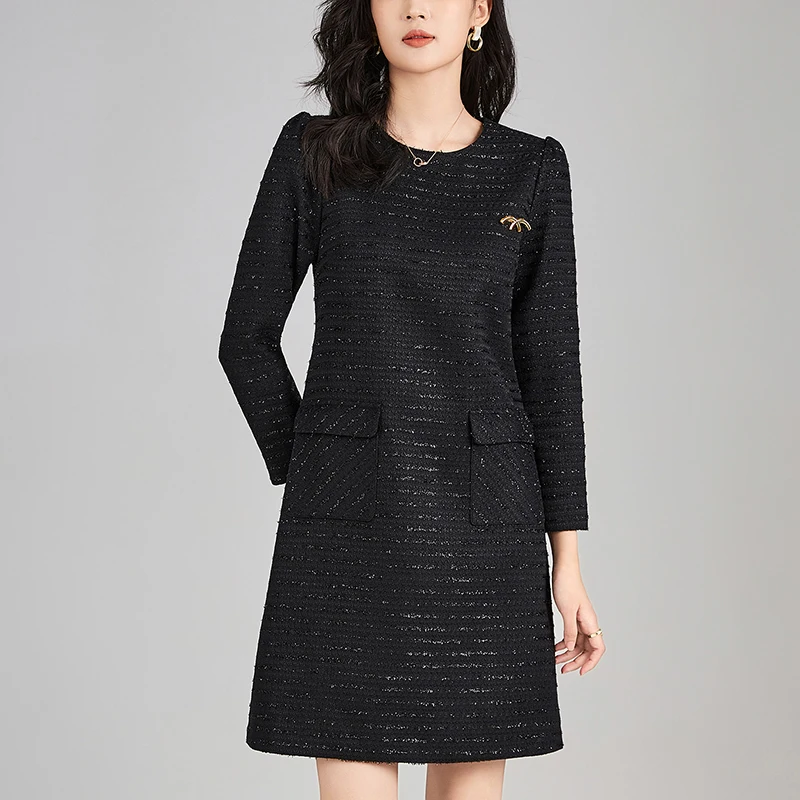 

French Style Women's Vintage Dress Autumn Winter Elegant Fashion Dresses For Women Long Sleeve Office Lady Tweed Dress A-line