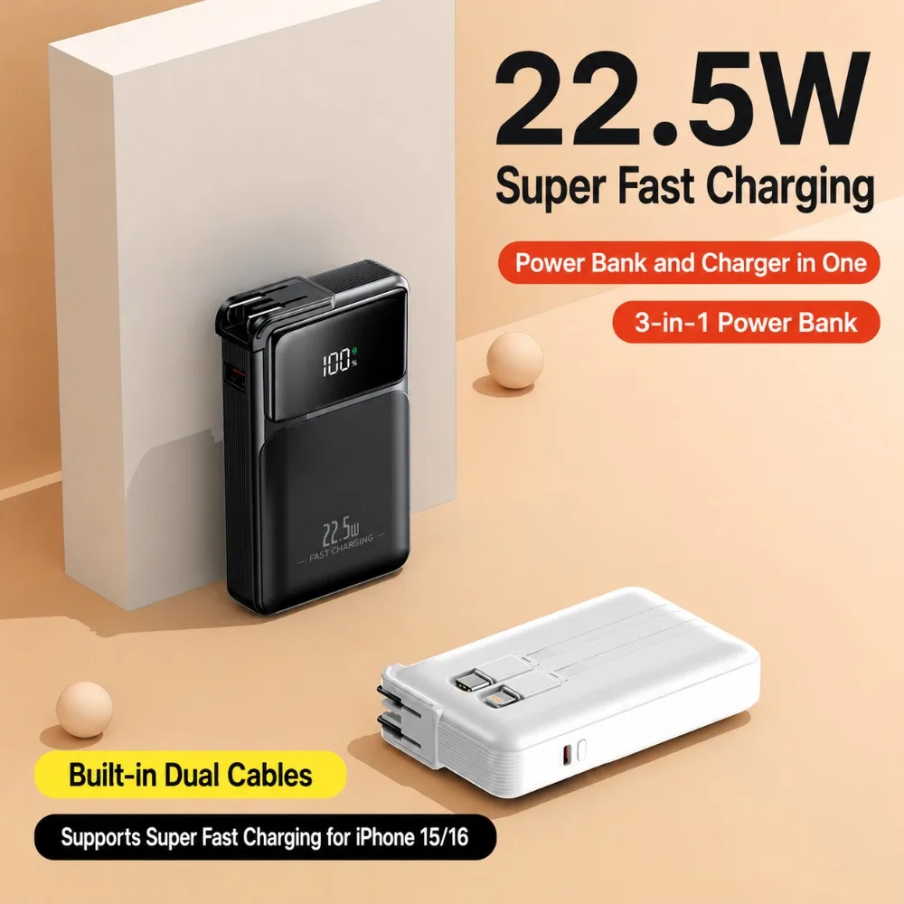 New 20000mAh Multifunctional External Battery 22.5W Quick Charge with Integrated AC Socket PowerBank for Xiaomi Samsung IPhone