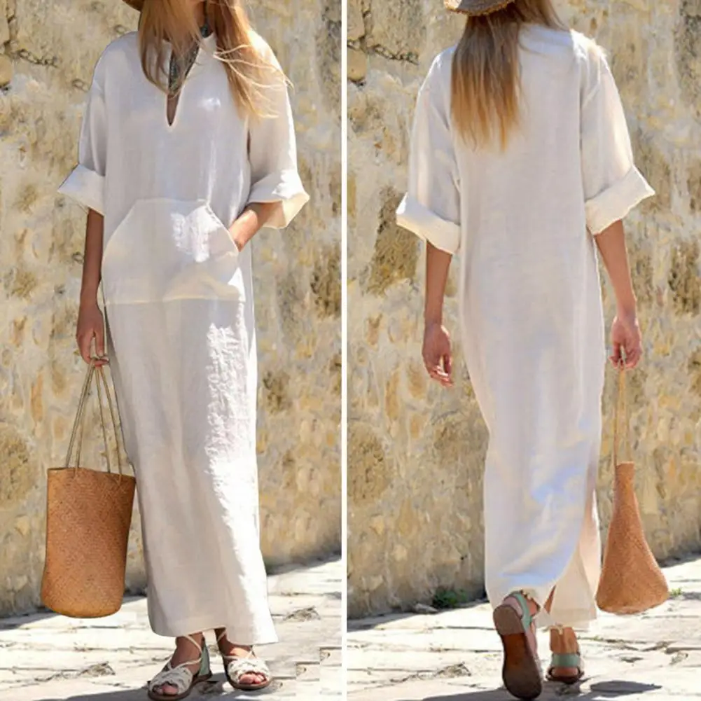 

Summer Casual Women's Solid Color Oversized Cotton Linen Long Shirt Kaftan Dress Boho Casual Party Pocket Dress